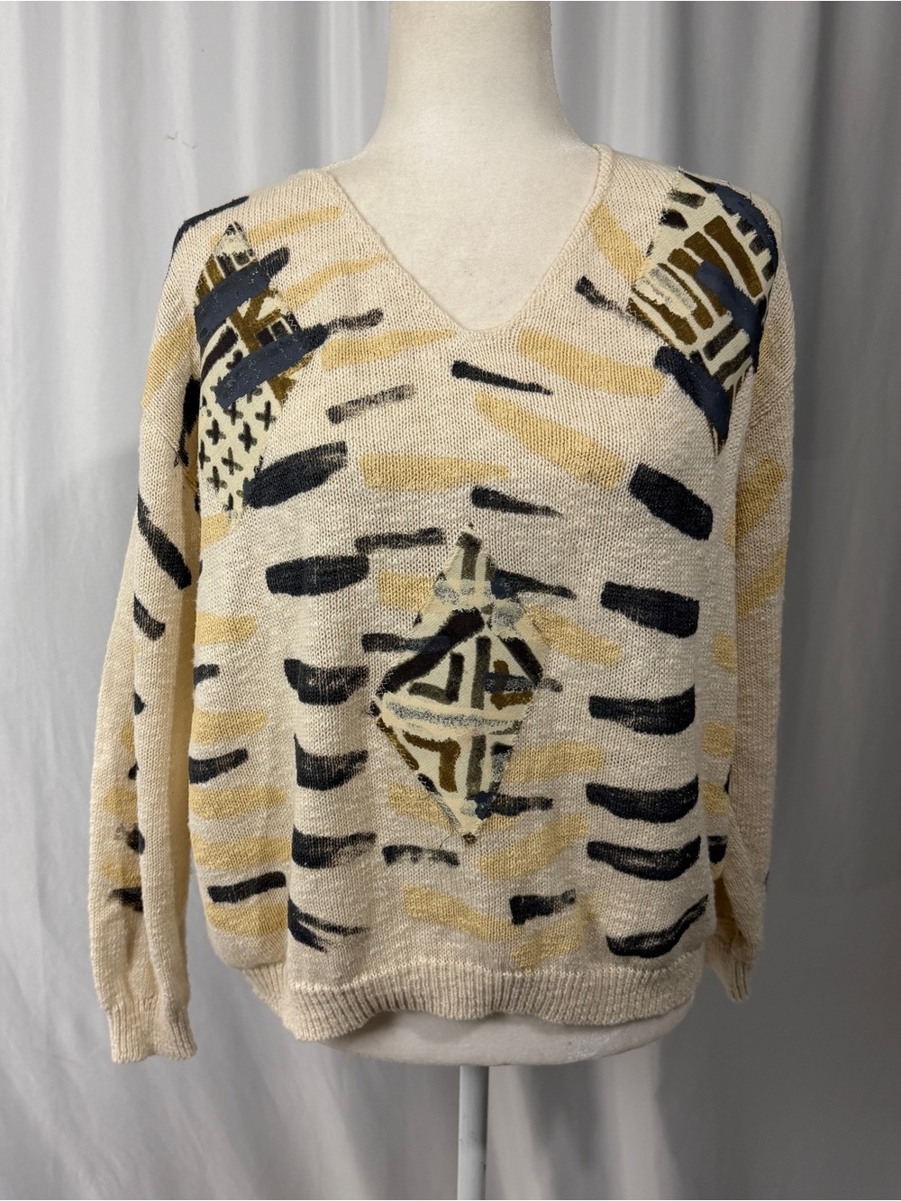 VTG 90s VICTORIA Abstract Geometric Knit Sweater 100% Cotton Patchwork One Size